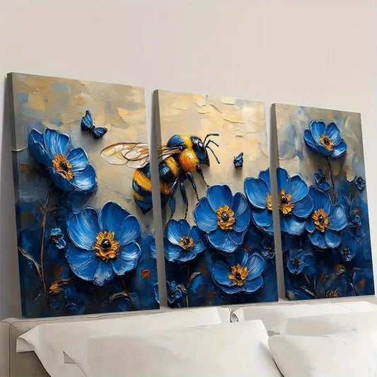 3pcs Vibrant Honey Bee & Blue Flowers BW Wall Art Set Canvas Framed 40x60cm - High Quality Print 100% Australian Made Wall Canvas Ready to Hang