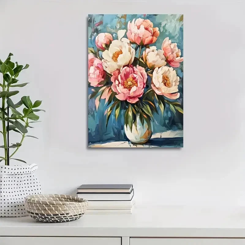Vibrant Pink & White Peonies with Green Stems Painting  40x60cm Metal Print Ready to Hang - Bella Home Decor