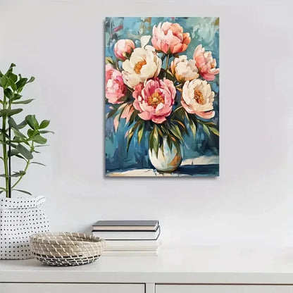 Vibrant Pink & White Peonies with Green Stems Painting  40x60cm Metal Print Ready to Hang - Bella Home Decor