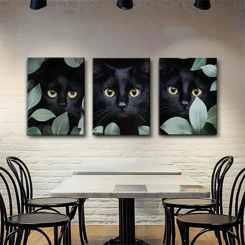 3pcs Mysterious Black Cat Feline Eyes Perfect Wall Art Set Canvas Unframed - High Quality Print 100% Australian Made Wall Canvas