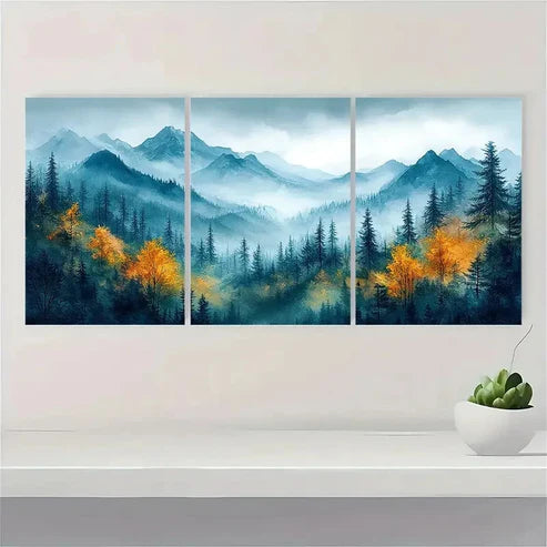 3pcs Green Forest Mountain JKl Wall Art Set Canvas Unframed - High Quality Print 100% Australian Made Wall Canvas - Bella Home Decor