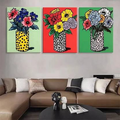 3pcs Colorful Floral Flower Vases Wall Art Canvas Unframed - High Quality Print 100% Australian Made Wall Canvas - Bella Home Decor