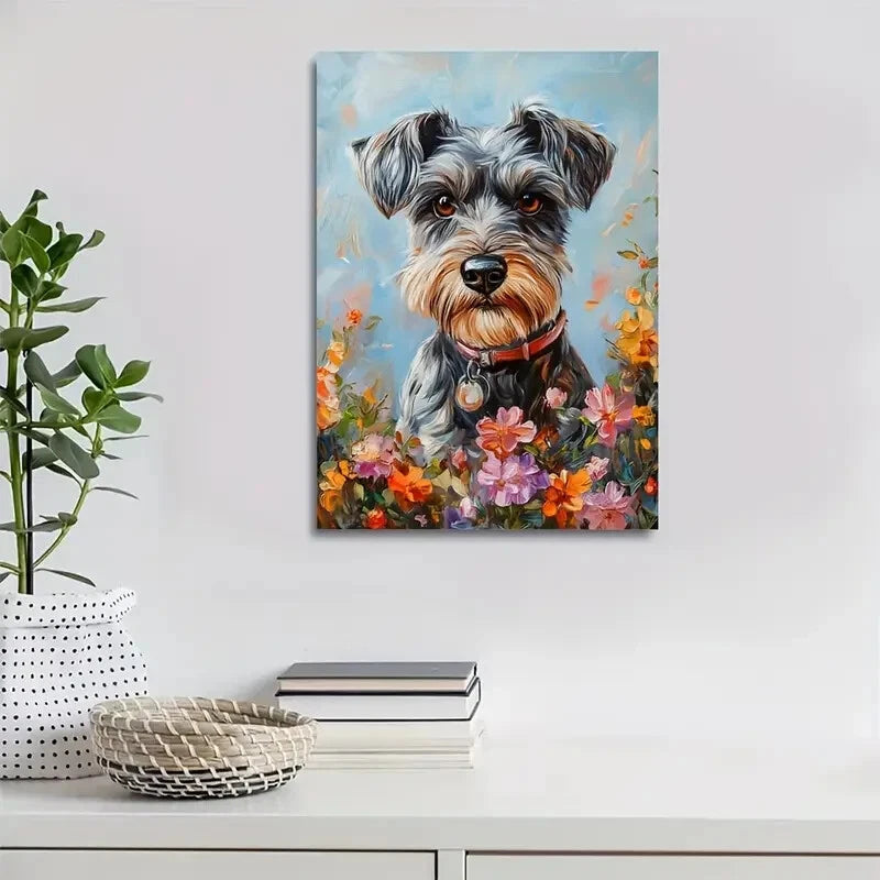 Beautiful Vibrant Floral Dog Schnauzer Painting 40x60cm Metal Print Ready to Hang - Bella Home Decor