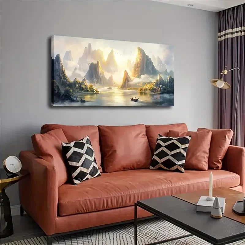 Warm Sunlight Mountain Lake Wall Art Canvas Office Home Room Framed 120x60cm - Bella Home Decor