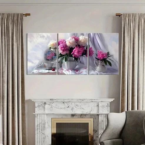 3pcs Vintage Art with Pink Peonies in Vase Wall Art Canvas Unframed - High Quality Print 100% Australian Made Wall Canvas