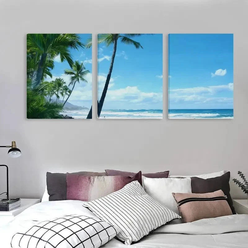 3pcs Bells Beach Australia Beach Palm Trees  Wall Art Set Canvas Framed 40x60cm - High Quality Print 100% Australian Made Wall Canvas Ready to Hang - Bella Home Decor