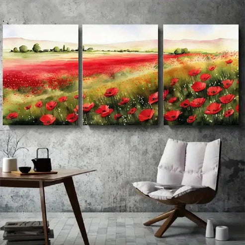 3pcs Vibrant Red Poppy Field Watercolor Wall Art Canvas Unframed - High Quality Print 100% Australian Made Wall Canvas
