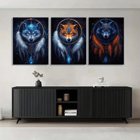 3pcs Mystical Wolf Fox Dreamcatcher Spirit Wall Art Set Canvas Unframed - High Quality Print 100% Australian Made Wall Canvas