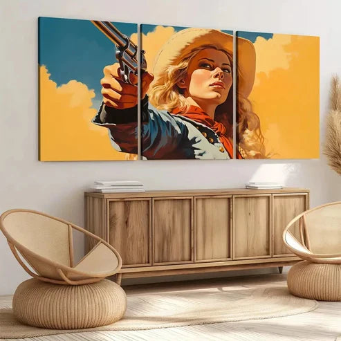 3pcs Vintage Wild West Cowgirl Blue Sky Golden Wall Art Set Canvas Unframed - High Quality Print 100% Australian Made Wall Canvas