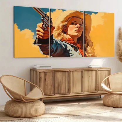 3pcs Vintage Wild West Cowgirl Blue Sky Golden Wall Art Set Canvas Unframed - High Quality Print 100% Australian Made Wall Canvas