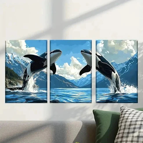 3pcs Two Killer Whales Jumping Out Wall Art Canvas Unframed - High Quality Print 100% Australian Made Wall Canvas
