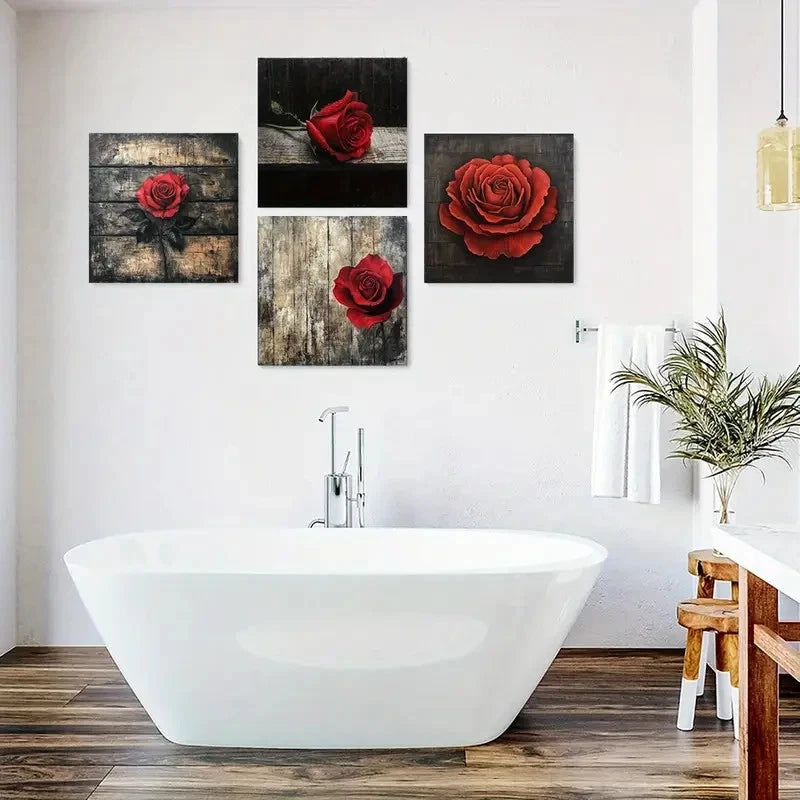 4pcs Red Rose Floral Pattern  Wall Art Canvas Framed