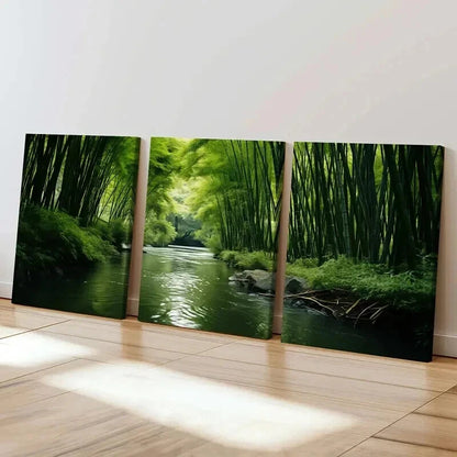 3pcs Green Bamboo Forest and River Wall Art Set Canvas Framed 60x90cm - High Quality Print 100% Australian Made Wall Canvas Ready to Hang - Bella Home Decor