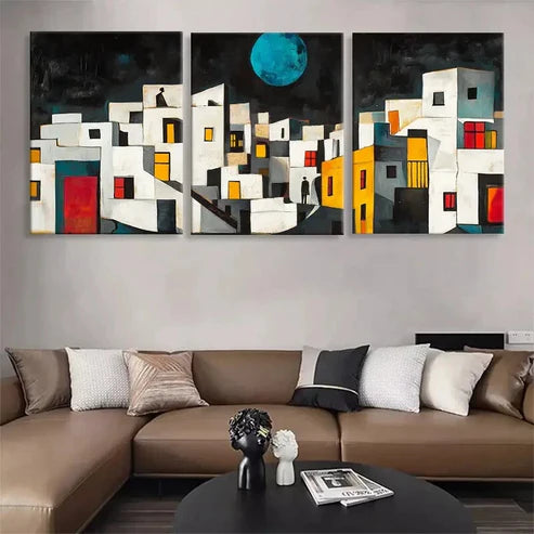 3pcs Abstract Geometric Cityscape Color Art Set Canvas Unframed - High Quality Print 100% Australian Made Wall Canvas - Bella Home Decor