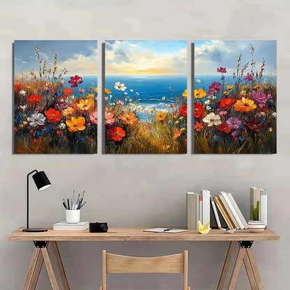 3pcs Wildflower Floral Seasidec Landscape Perfect Wall Art Set Canvas Framed 50x70cm - High Quality Print 100% Australian Made Wall Canvas Ready to Hang