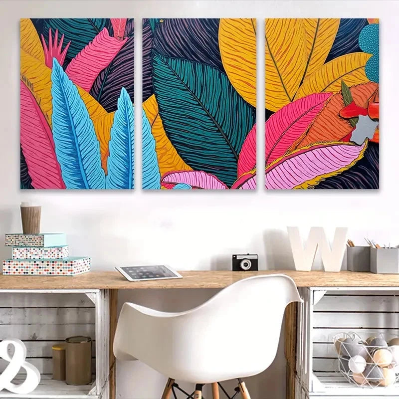 3pcs Colorful Tropical Leaves Wall Art Set Canvas Framed 60x90cm - High Quality Print 100% Australian Made Wall Canvas Ready to Hang - Bella Home Decor