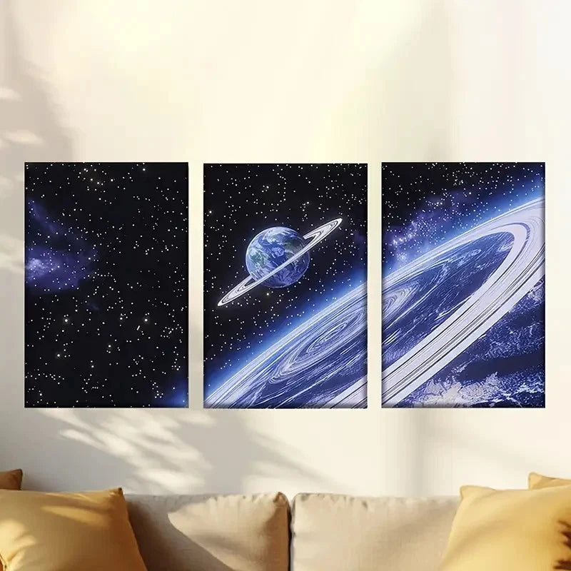 3pcs Vibrant Space Scene with Earth & Nebulae 50x70cm - High Quality Print 100% Australian Made Wall Canvas Ready to Hang - Bella Home Decor