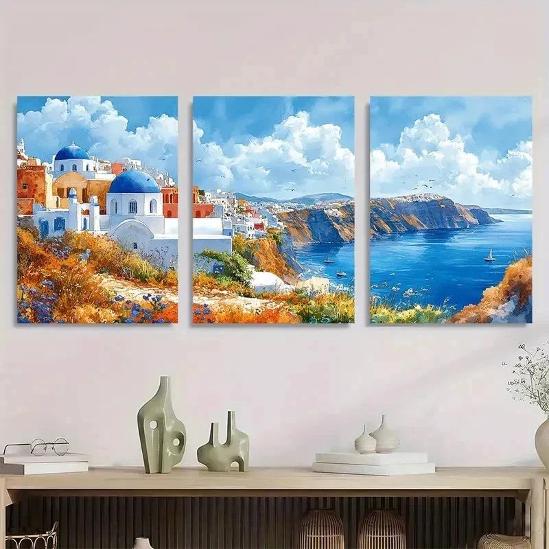 3pcs Blue Roofs Of Santorini Watercolor Perfect Wall Art Set Canvas Framed 40x60cm - High Quality Print 100% Australian Made Wall Canvas Ready to Hang - Bella Home Decor