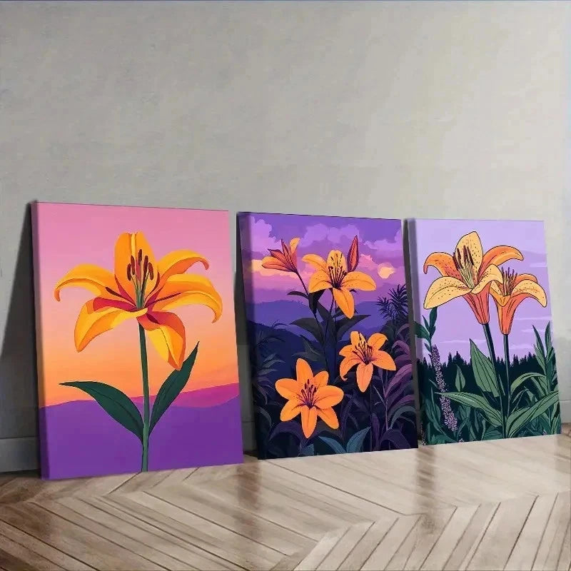 3pcs Paintings Featuring Orange Lilies Wall Art Set Canvas Framed 40x60cm - High Quality Print 100% Australian Made Wall Canvas Ready to Hang