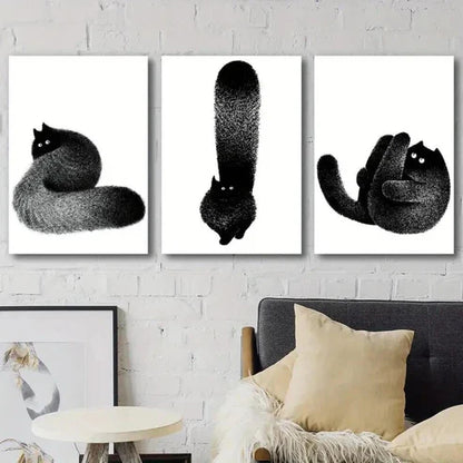 3pcs Black & White Feline Fluffy Black Cat Decor Wall Art Set Canvas Wall Art Canvas Unframed - High Quality Print 100% Australian Made Wall Canvas - Bella Home Decor