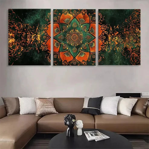 3pcs Orange and Green Mandala Flower Wall Art Canvas Unframed - High Quality Print 100% Australian Made Wall Canvas