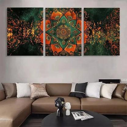 3pcs Orange and Green Mandala Flower Wall Art Canvas Unframed - High Quality Print 100% Australian Made Wall Canvas