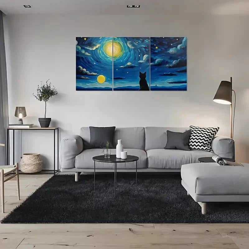 3pcs Starry Night Cat Celestial Sky Metal Print Ready to Hang Art