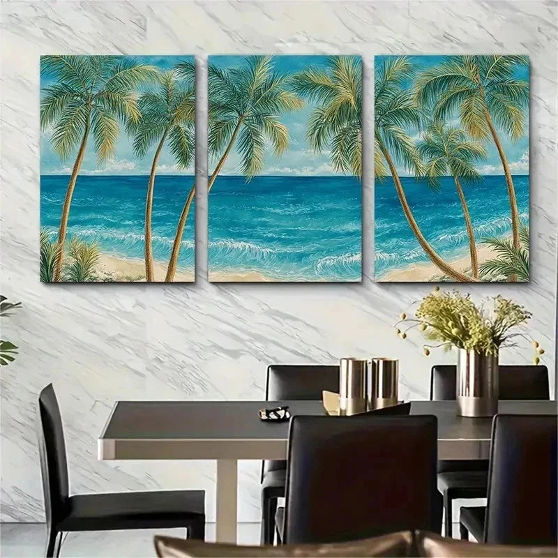 3pcs Tropical Beach Palm Tree Sunrise Perfect Wall Art Set Canvas Framed 50x70cm - High Quality Print 100% Australian Made Wall Canvas Ready to Hang