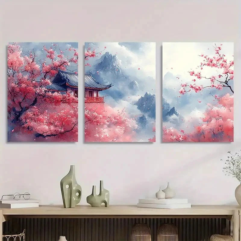3pcs Pink Blooming Sakura Trees East Perfect Wall Art Set Canvas Framed 40x60cm - High Quality Print 100% Australian Made Wall Canvas Ready to Hang - Bella Home Decor