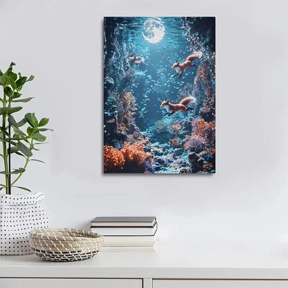 Fox Chase Coral Reef Moonlight Painting 40x60cm Metal Print Ready to Hang - Bella Home Decor