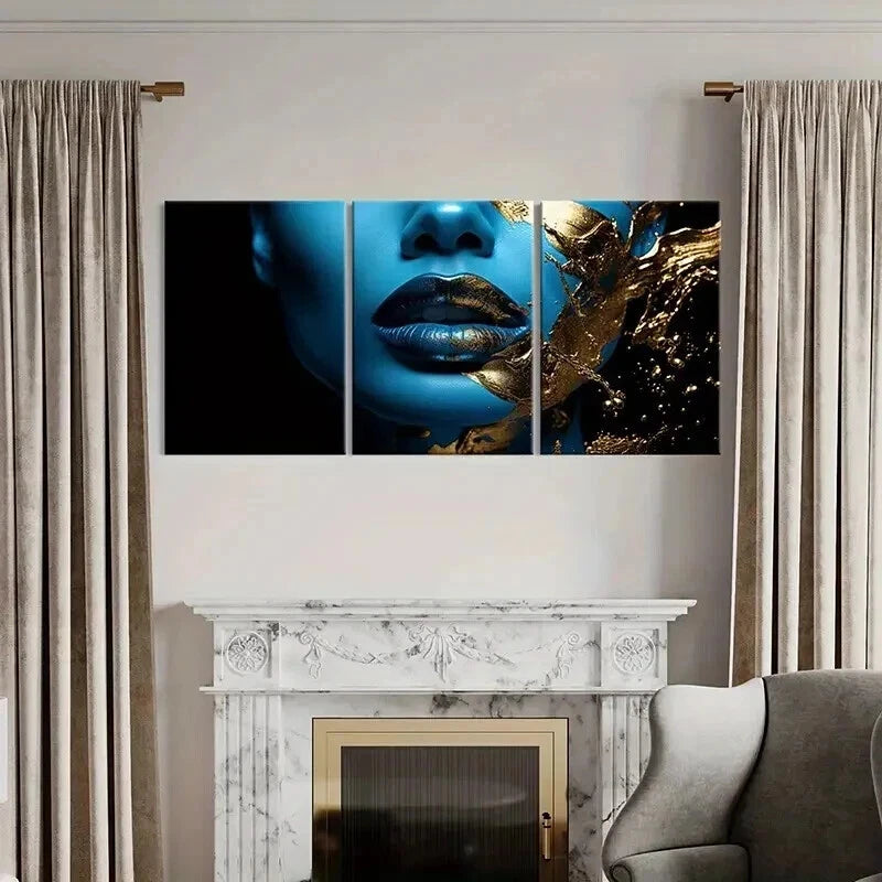 3pcs Golden Lips Abstract Blue Face Wall Art Set Canvas Framed 60x90cm - High Quality Print 100% Australian Made Wall Canvas Ready to Hang - Bella Home Decor