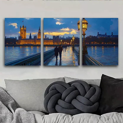 3pcs Romantic Evening London Westminster Bridge Wall Art Canvas Unframed - High Quality Print 100% Australian Made Wall Canvas