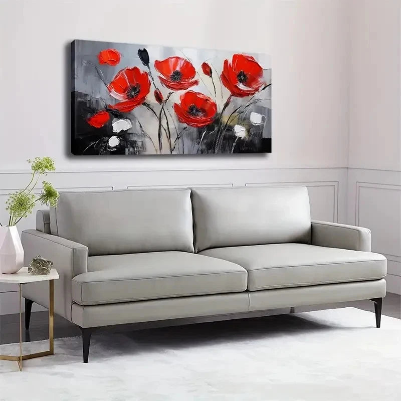 Vibrant Red & White Poppies Wall Art Canvas Office Home Room Framed 120x60cm