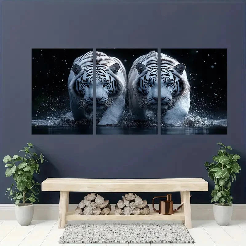 3pcs  White Tiger Black Backg Flatwall   WT   Wall Art Canvas Framed 40x60cm - High Quality Print 100% Australian Made Wall Canvas Ready to Hang - Bella Home Decor
