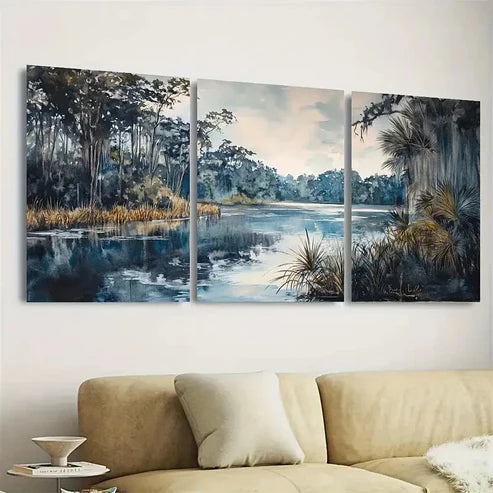 3pcs Serene Wetland Landscape with Palm Trees Wall Art Set Canvas Unframed - High Quality Print 100% Australian Made Wall Canvas - Bella Home Decor
