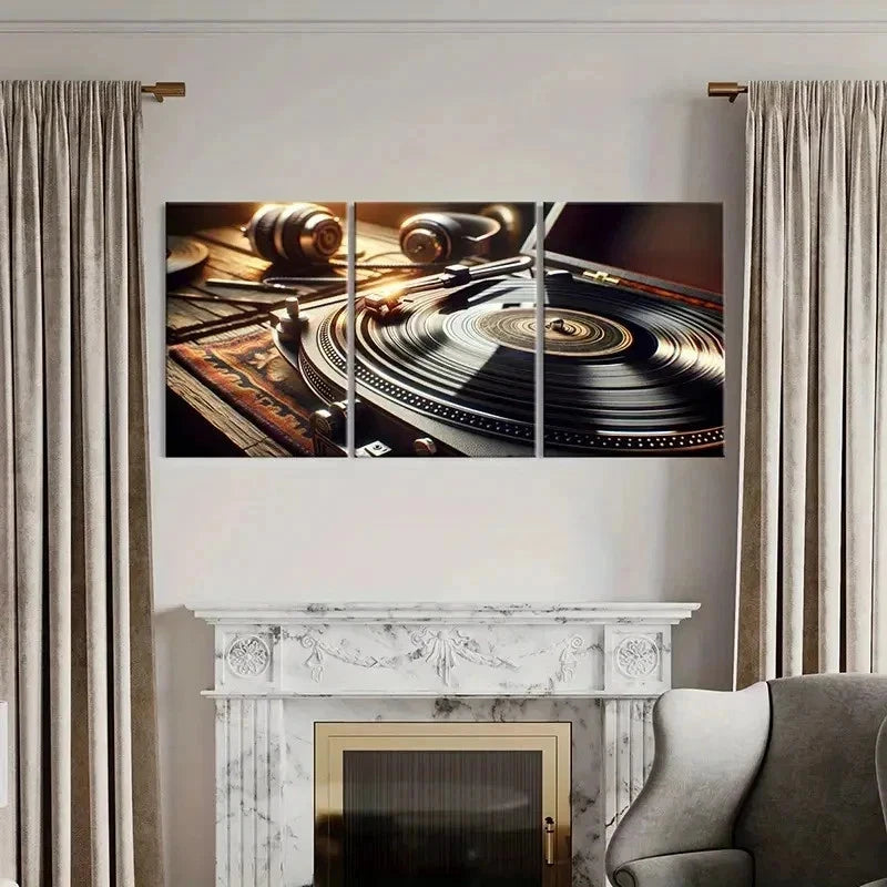 3pcs Record Player Vinyl Record Music Wall Art Set Canvas Framed 50x70cm - High Quality Print 100% Australian Made Wall Canvas Ready to Hang