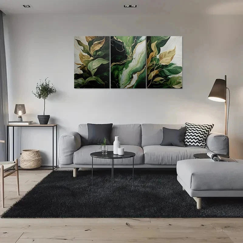 3pcs Modern Green Leaf Painting Abstract Metal Print Ready to Hang Art - Bella Home Decor