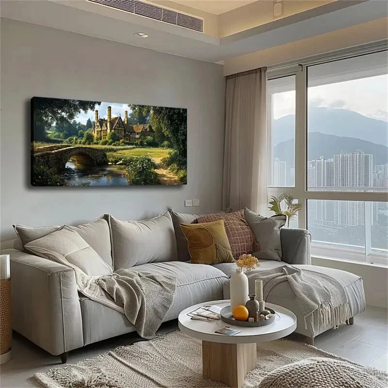 Country Manor Landscape Bridge Wall Art Canvas Office Home Room Framed 120x60cm - Bella Home Decor