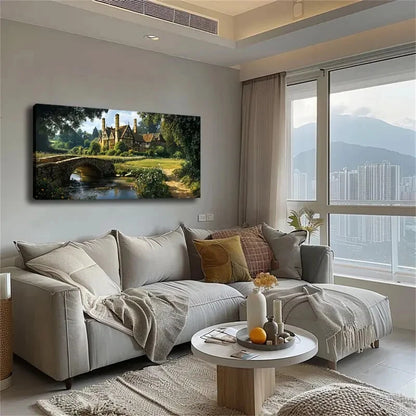 Country Manor Landscape Bridge Wall Art Canvas Office Home Room Framed 120x60cm - Bella Home Decor