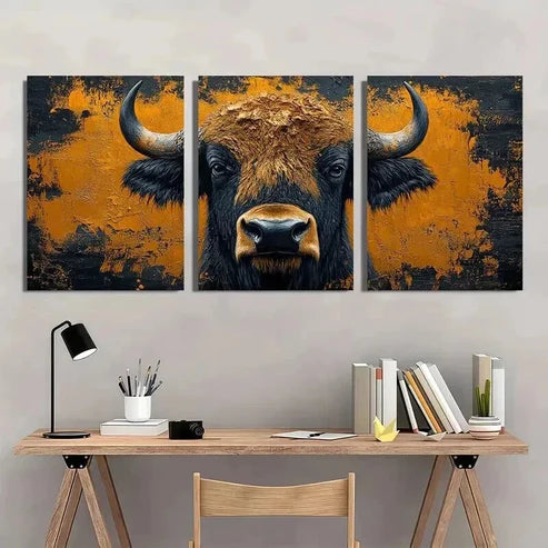 3pcs Orange & Black Bison Buffalo Decoration Wall Art Canvas Unframed - High Quality Print 100% Australian Made Wall Canvas