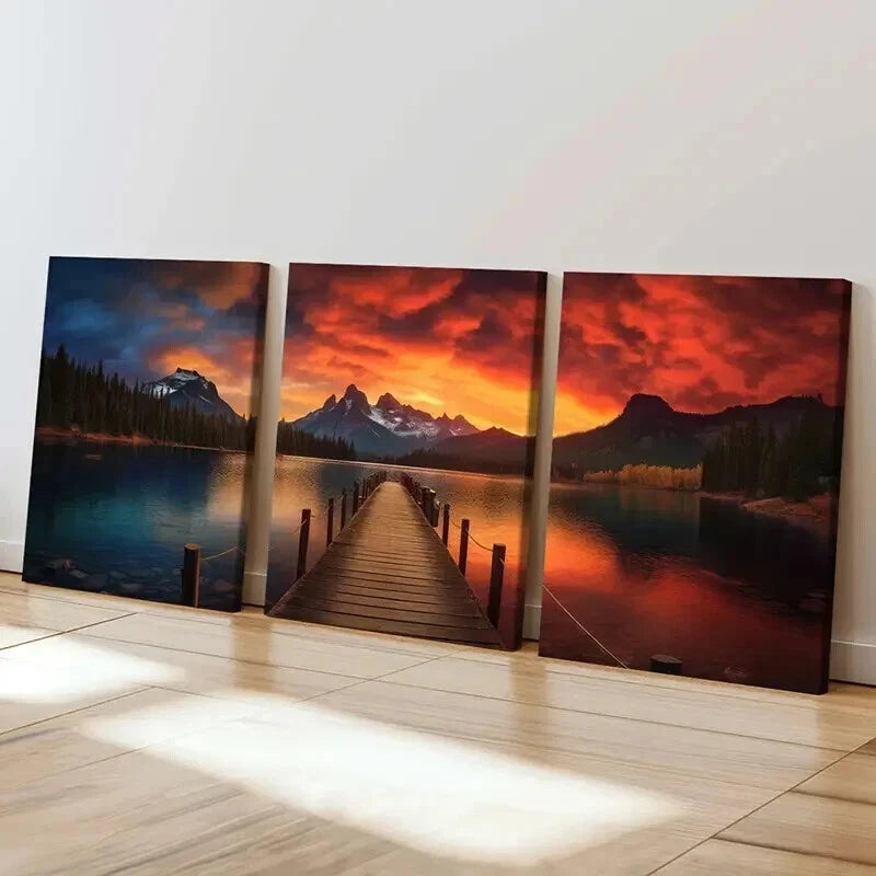 3pcs Sunset Lake Mountains Dock Reflections  Wall Art Set Canvas Framed 40x60cm - High Quality Print 100% Australian Made Wall Canvas Ready to Hang - Bella Home Decor