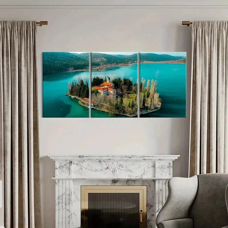 3pcs Lake House Island Modern Landscape Wall Art Set Canvas Framed 50x70cm - High Quality Print 100% Australian Made Wall Canvas Ready to Hang