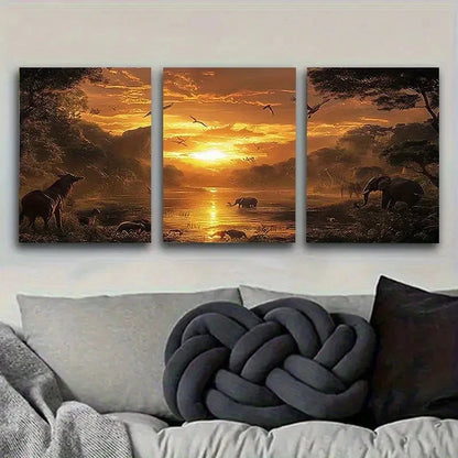 3pcs African Wildlife at Sunset Wall Art Set Canvas Framed 60x90cm - High Quality Print 100% Australian Made Wall Canvas Ready to Hang - Bella Home Decor