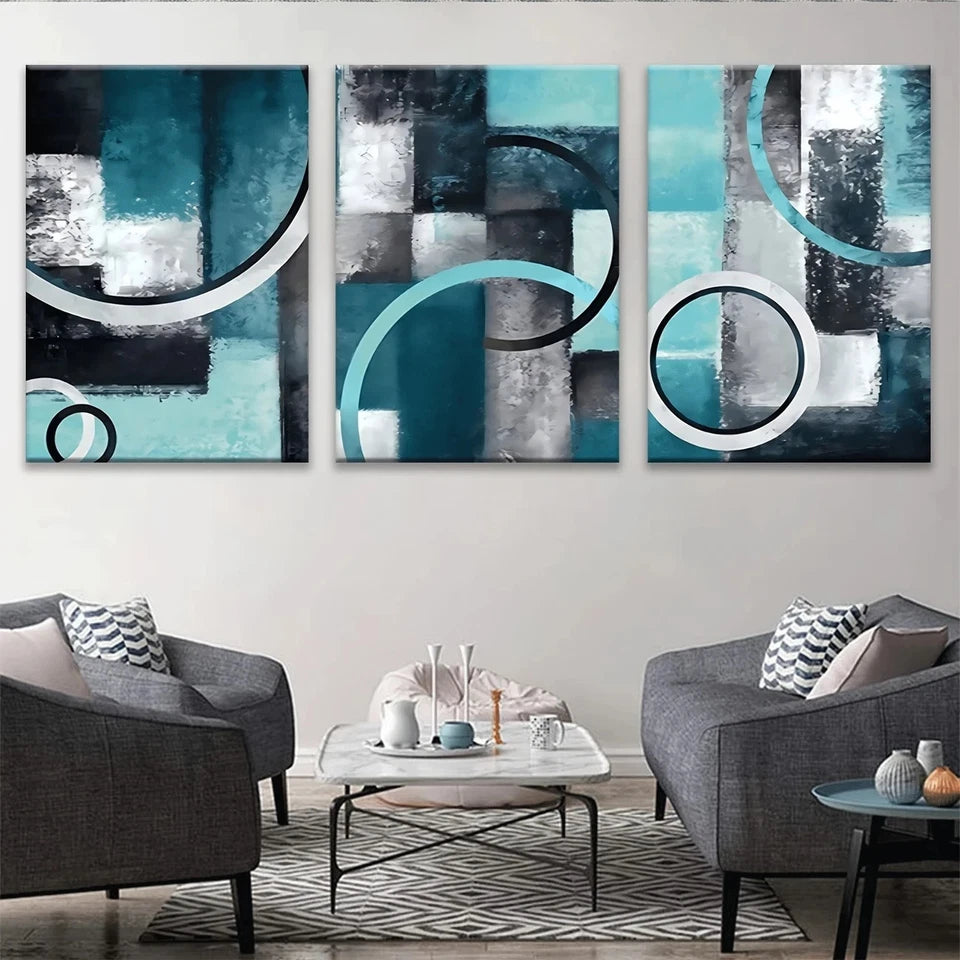 3pcs Abstract Geometric Green Blue Metal Print Ready to Hang Art - Bella Home Decor