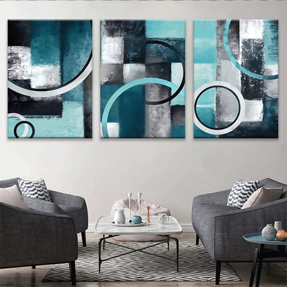 3pcs Abstract Geometric Green Blue Metal Print Ready to Hang Art - Bella Home Decor