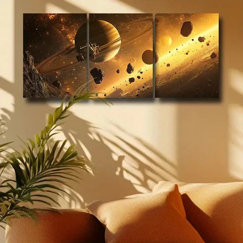 3pcs Golden Planets & Stars Dramatic Perfect Wall Art Canvas Unframed - High Quality Print 100% Australian Made Wall Canvas - Bella Home Decor