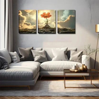 3pcs Vibrant Orange Flower On Rocks Perfect Wall Art Set Canvas Framed 50x70cm - High Quality Print 100% Australian Made Wall Canvas Ready to Hang - Bella Home Decor