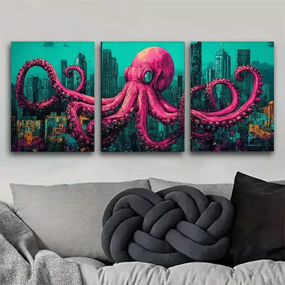 3 PCS Vividly Colored Pink Urban Octopus Fantasy Wall Art Set Canvas Unframed - High Quality Print 100% Australian Made Wall Canvas - Bella Home Decor