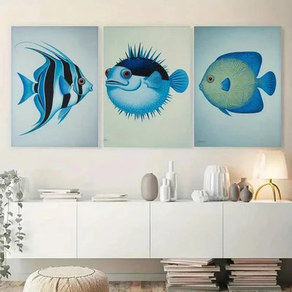 3pcs Blue Fish Decorative Paint Wall Art Canvas Unframed - High Quality Print 100% Australian Made Wall Canvas - Bella Home Decor