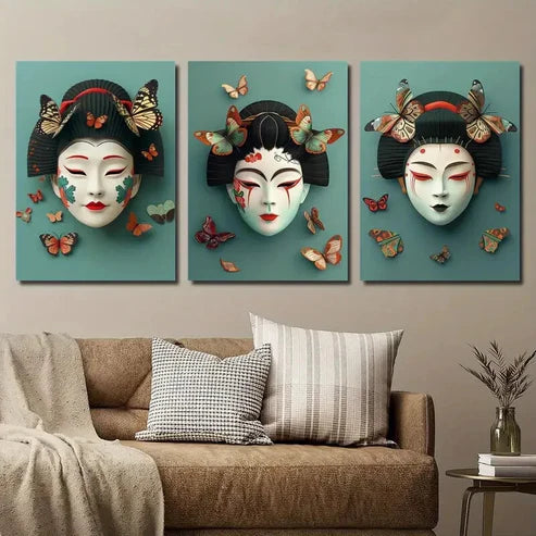 3pcs Elegant Geisha Mask and Butterfly Wall Art Set Canvas Unframed - High Quality Print 100% Australian Made Wall Canvas